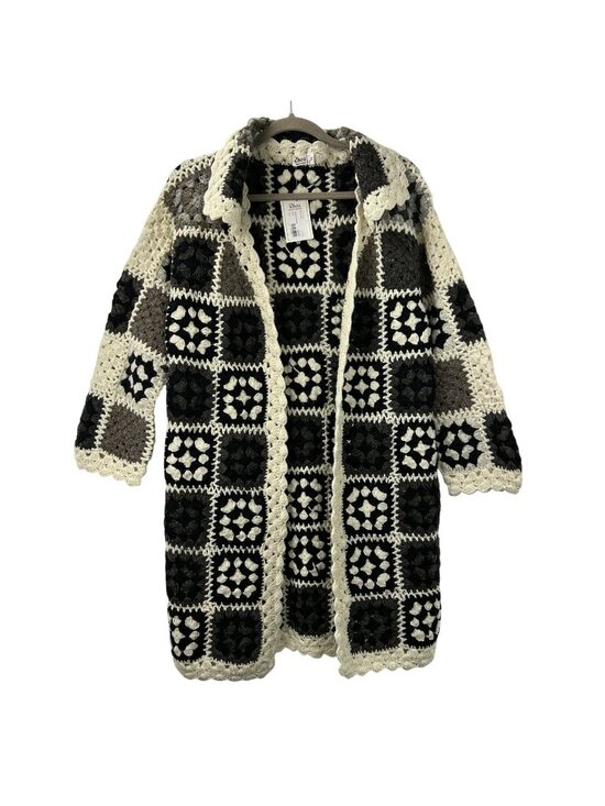 Rhea Sweaters - Rhea Wollon Jacket 100% Wool Cardigan L/XL Open Front Collared Crochet Flowers